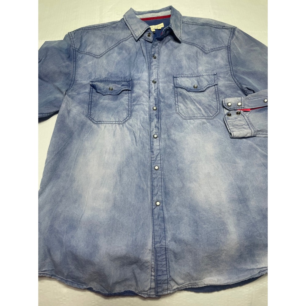 Mens Distressed Blue Denim Western Style Button Up Shirt‎